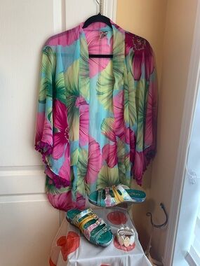 Bright Floral Kimono style Cover-Up resort wear  with pom-poms